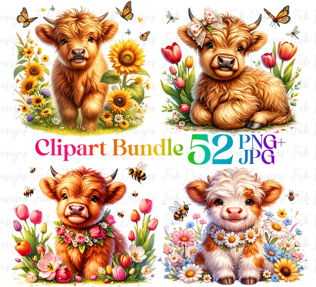 Highland Cow Flowers Clipart Bundle: 52 Pngs (digital Download) - Etsy