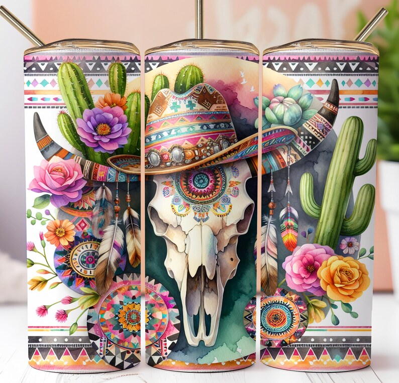 Boho Cow Skull Tumbler Wrap Bundle: Western Sublimation Design (digital ...