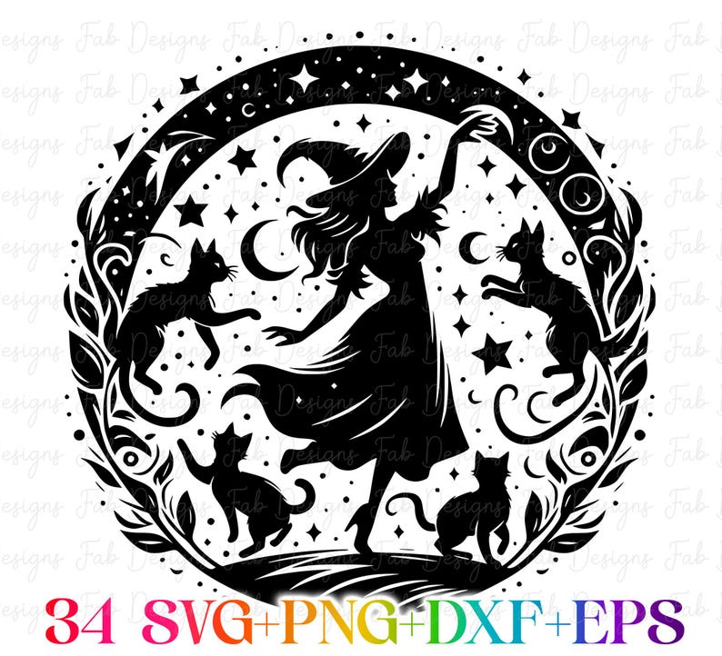 Witch Cat Celestial Boho SVG Bundle: Halloween Witch Cut Files (digital ...