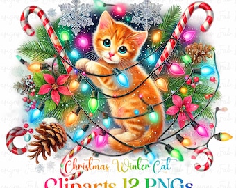 12 PNG Christmas Kitten clipart bundle, Cute Christmas Cats Clipart,Holiday Clipart Digital Download, Unlimited Commercial Use Crafts
