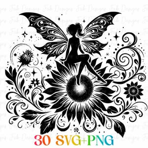 May include: A black silhouette of a fairy with detailed wings, sitting on a sunflower, surrounded by floral and swirling decorative elements. The image includes the text "30 SVG+PNG" in a rainbow gradient.