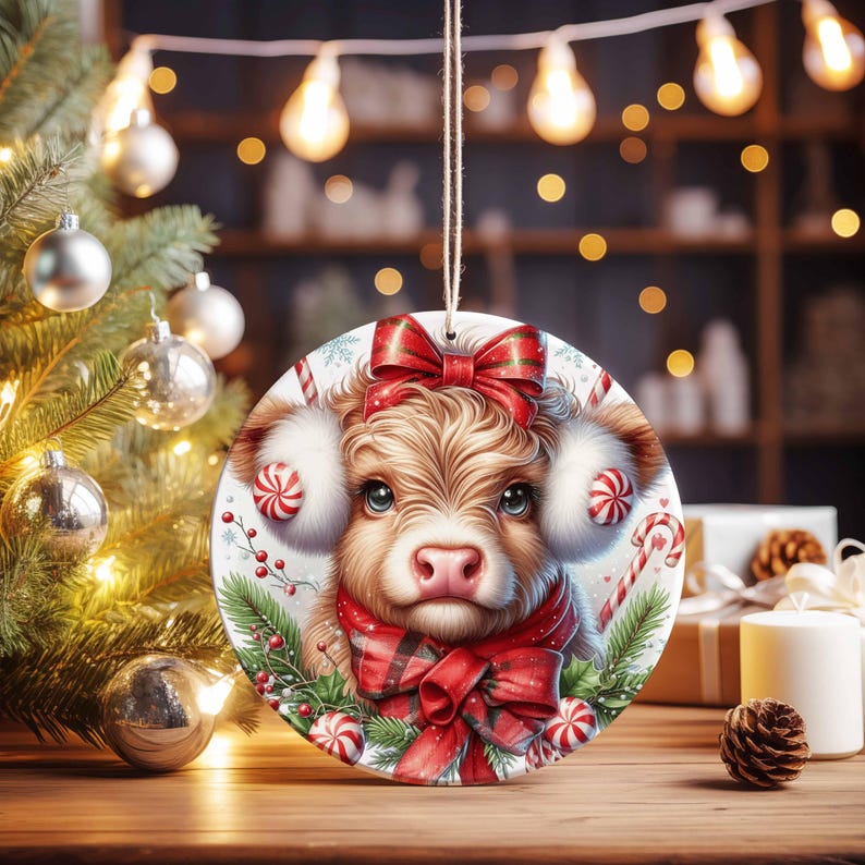 May include: A round Christmas ornament featuring a Highland cow with a red bow, earmuffs, and scarf. The ornament is decorated with candy canes, snowflakes, and greenery. A festive holiday decoration.