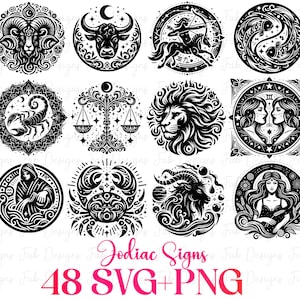 48 Zodiac Svg Bundle, Horoscope Svg, Astrology Signs Svg, Zodiac Symbols Svg, Gemini Svg, Aries Svg Virgo Svg Libra Svg Pliki Svg dla Cricut