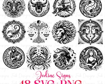 48 stjärntecken SVG-paket: Horoskop astrologisymboler (digital nedladdning)