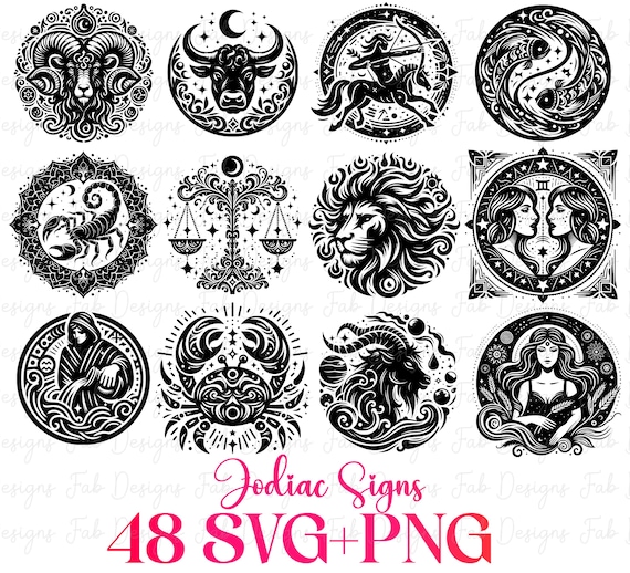 48 Zodiac Signs SVG Bundle: Horoscope Astrology Symbols (Digital Download)