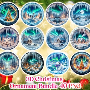 Può includere: Una collezione di design di ornamenti natalizi 3D con scene invernali con neve, alberi e aurora boreale. Ogni ornamento è un design circolare con un paesaggio invernale unico. Il testo "3D Christmas Ornament Bundle 40 PNG" è visibile.