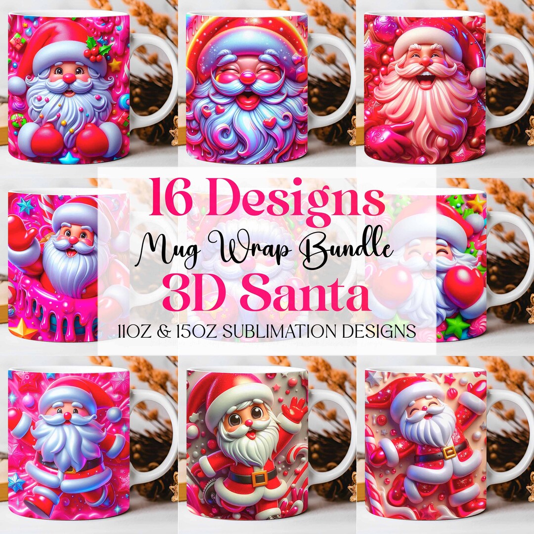 3D Santa Christmas Mug Wrap Cute Mug Wrap Sublimation Design PNG 3D ...