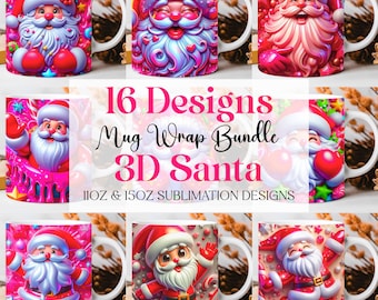 3D Santa Christmas Mug Wrap Cute Mug Wrap Sublimation Design PNG 3D Santa Claus 15oz 11oz Coffee Cup Template 3D Christmas Mug Press Design