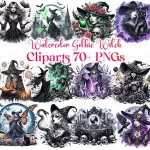 65+ Watercolor Gothic Witch Collection Clipart, 12 PNG Halloween Clipart, Gothic Witch Clipart, Halloween Witch Clipart PNG, Commercial Use