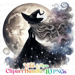May include: A black silhouette of a witch with long flowing hair stands in front of a full moon with a starry sky background. The witch is wearing a black pointed hat and a long black dress. The moon is a watercolor painting with a light gray and white color scheme. The text "Witch & Moon Clipart Bundle 40 PNGs" is at the bottom of the image.