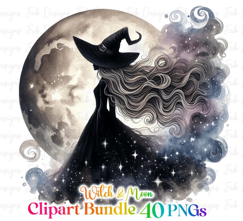 May include: A black silhouette of a witch with long flowing hair stands in front of a full moon with a starry sky background. The witch is wearing a black pointed hat and a long black dress. The moon is a watercolor painting with a light gray and white color scheme. The text "Witch & Moon Clipart Bundle 40 PNGs" is at the bottom of the image.