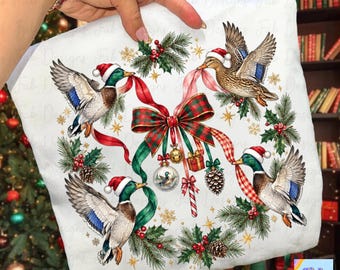 Preppy Christmas Mallards PNG, Flying Santa Hat Ducks with Plaid Bow Ribbon Wreath, Duck Lover Christmas Shirt, Holiday Mallard Design
