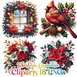 18 Christmas Decoration Clipart, High Quality PNGs, Digital Download, Card Making, Mixed Media, Digital Paper Craft, Christmas clipart