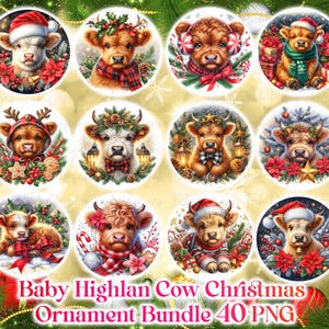 40 boules de Noël vache highlan bébé Bundle PNG, sublimation designs, Noël PNG Bundle, décoration de Noël PNG dessins et modèles, téléchargement numérique