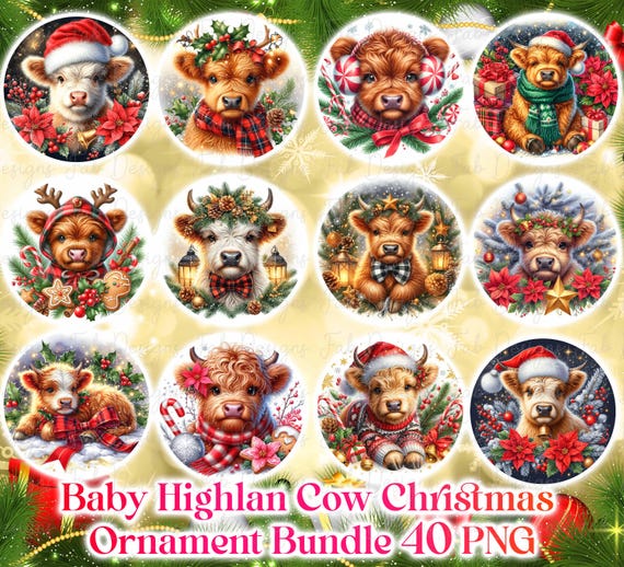 Baby Highland Cow Christmas Ornament PNG Bundle: Sublimation Designs (Digital Download)