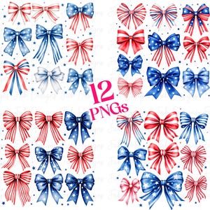May include: Twelve watercolor illustrations of red, white, and blue bows. The bows are in various styles and sizes, with some featuring stars and stripes.