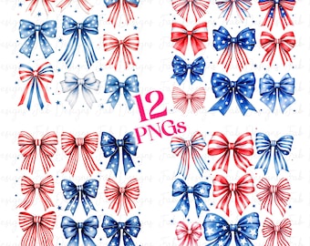 12 Patriotic Bows Transparent PNG Clipart, Red White Blue Ribbons Sublimation Design, Girly 4th of July DTF Heat Transfer Digital Download