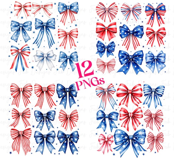 12 Patriotic Bows Transparent PNG Clipart, Red White Blue Ribbons Sublimation Design, Girly 4th of July DTF Heat Transfer Digital Download