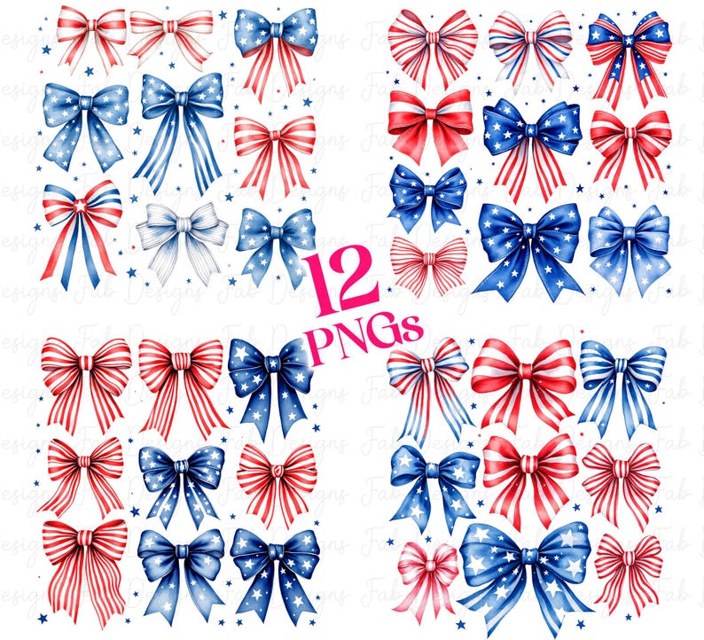 May include: Twelve watercolor illustrations of red, white, and blue bows. The bows are in various styles and sizes, with some featuring stars and stripes.