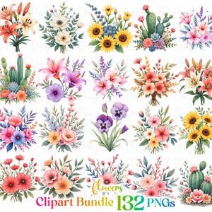 Può includere: Un set di 18 immagini clipart di fiori ad acquerello. Le immagini presentano una varietà di fiori, tra cui girasoli, gigli, violette e fiori di cactus. I fiori sono disposti in bouquet e sono perfetti per aggiungere un tocco di primavera ai tuoi progetti.