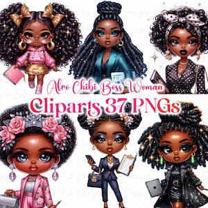 Black Chibi Girl Clipart Bundle: Boss Afro Graphics (Digital Download