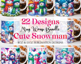 Cute Snowman Mug Wrap Christmas Bundle Mug Wrap Sublimation Designs PNG, 11oz and 15oz Mug Template, Cute 3D Christmas Mug Wrap