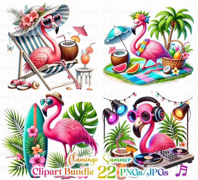 K&ouml;nnte beinhalten: Ein digitales Clipart-Bundle mit vier Illustrationen von rosa Flamingos, die Sommeraktivit&auml;ten genie&szlig;en. Ein Flamingo entspannt sich in einem Strandstuhl, ein anderer picknickt, ein dritter mit einem Surfbrett und der letzte legt als DJ auf. Der Text lautet "Flamingo Summer Clipart Bundle 22 PNGs/JPGs."
