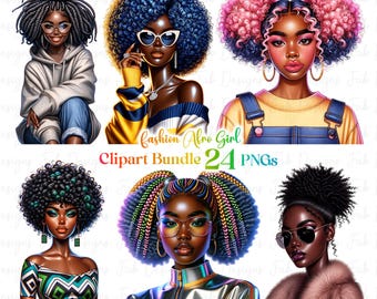 Lot de 24 cliparts fille noire à la mode, graphiques fille à la mode, clipart fille afro, clipart fille denim t, belle fille clipart noir