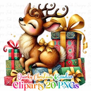 Watercolor Reindeer Clipart: Funny Christmas PNG Bundle (Digital Download)