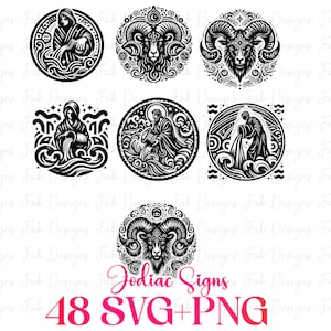 Op de afbeelding: Zwart-wit illustraties van dierenriemtekens in cirkel- en vierkantontwerpen. De afbeelding bevat gedetailleerde afbeeldingen van verschillende dierenriemsymbolen, met de tekst "Zodiac Signs" en "48 SVG+PNG" in roze.