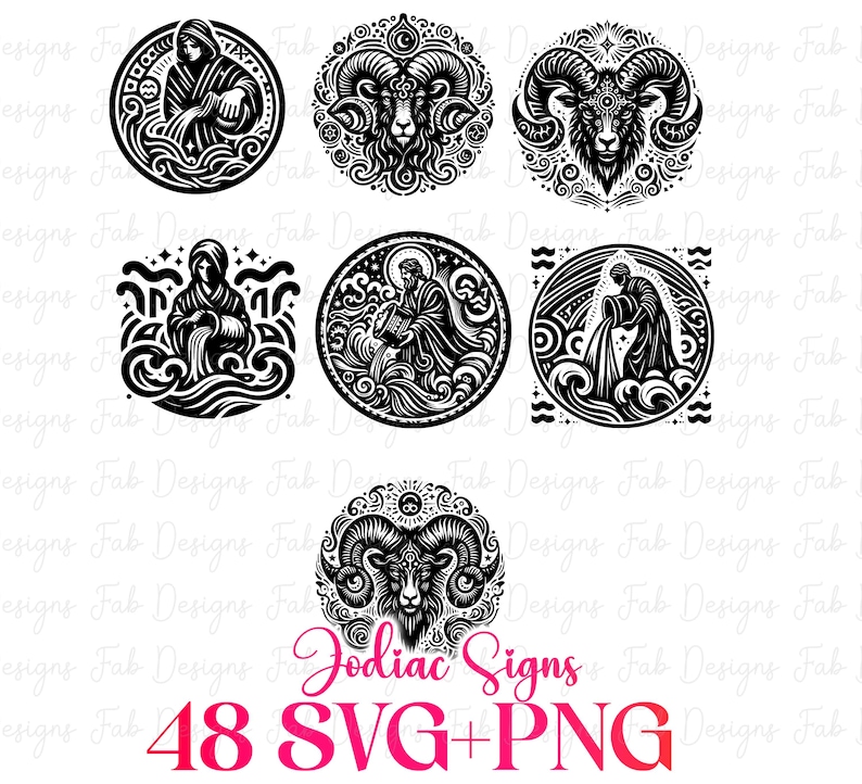 Op de afbeelding: Zwart-wit illustraties van dierenriemtekens in cirkel- en vierkantontwerpen. De afbeelding bevat gedetailleerde afbeeldingen van verschillende dierenriemsymbolen, met de tekst "Zodiac Signs" en "48 SVG+PNG" in roze.