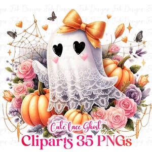 May include: A watercolor illustration of a cute ghost with a lace trim, heart-shaped eyes, and a bow. The ghost is surrounded by pumpkins, roses, butterflies, and the text "Cute lace Ghost Cliparts 35 PNGs".