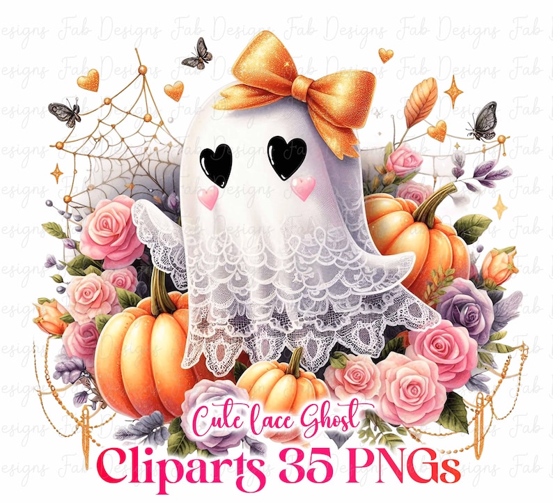 May include: A watercolor illustration of a cute ghost with a lace trim, heart-shaped eyes, and a bow. The ghost is surrounded by pumpkins, roses, butterflies, and the text "Cute lace Ghost Cliparts 35 PNGs".