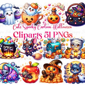 51 Cute Spooky Carton Halloween Clipart, Watercolor Halloween Clipart, Spooky Clipart, Black Cat PNG, Trick Or Treat, Halloween Party Decor