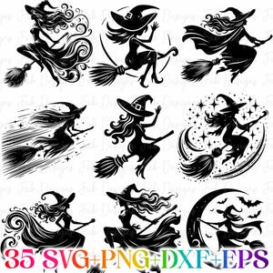 May include: Set of ten black and white silhouette illustrations of witches flying on broomsticks. The witches are depicted in various poses and with different backgrounds, including stars, moons, and swirling patterns.