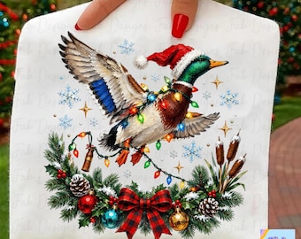 Christmas Mallard PNG, Flying Santa Hat Duck with Christmas Lights and Pine Wreath, Duck Hunting Christmas Shirt, Holiday Mallard Sweatshirt