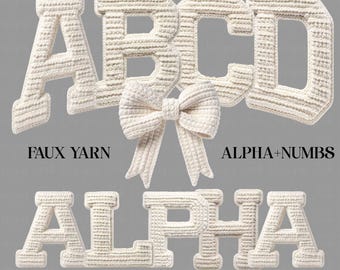White Crochet Alphabet PNG Set, Latch Hook Yarn Faux Style, Cozy Brown Knitted Letters, Handmade Tufted Letters A-Z & Numbers 0-9 Clipart