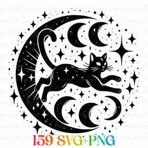 May include: Black cat silhouette leaping across a crescent moon, surrounded by stars. The design is a digital illustration with a celestial theme, perfect for stickers or prints. The image includes the text "159 SVG+PNG".