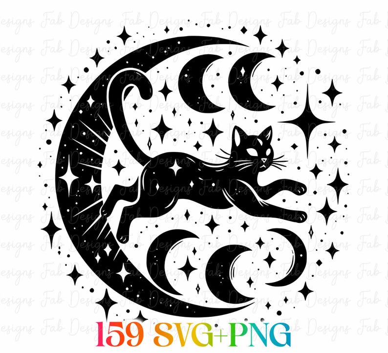 May include: Black cat silhouette leaping across a crescent moon, surrounded by stars. The design is a digital illustration with a celestial theme, perfect for stickers or prints. The image includes the text "159 SVG+PNG".