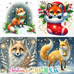 Christmas Fox Clipart | 36 JPGs Files | Card Making | Digital Paper Crafts | Watercolor Art | Cute Holiday Animal, Festive Fox