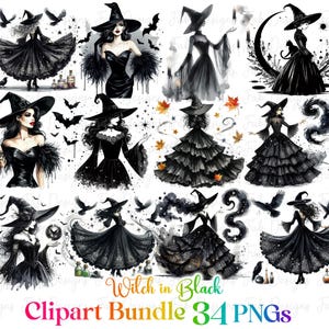 34 Watercolor Witch in black Collection Clipart, 12 PNG Halloween Clipart, Gothic Witch Clipart, Halloween Witch Clipart PNG, Commercial Use