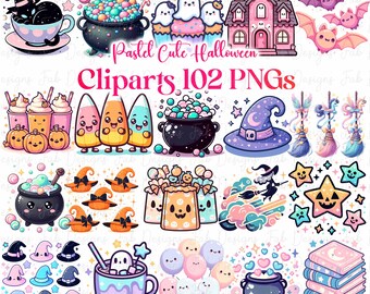 100+ Pastel cute Halloween PNG Clipart, Watercolor Halloween Clipart, Spooky Clipart, Black Cat PNG, Trick Or Treat, Halloween Party Decor