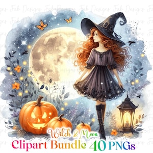 May include: A digital illustration of a witch with long red hair wearing a black dress and a pointed hat. She is standing in front of a large, full moon with a jack-o-lantern and a lantern in the foreground. The background is a watercolor wash of blue and gray with stars and butterflies.