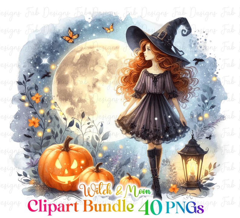 May include: A digital illustration of a witch with long red hair wearing a black dress and a pointed hat. She is standing in front of a large, full moon with a jack-o-lantern and a lantern in the foreground. The background is a watercolor wash of blue and gray with stars and butterflies.