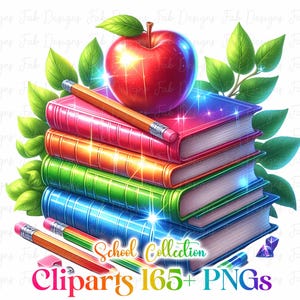 May include: A vibrant illustration featuring a stack of books in pink, orange, green, and blue, with pencils, an apple, and green leaves. The image includes the text "School Collection Cliparts 165+ PNGs."