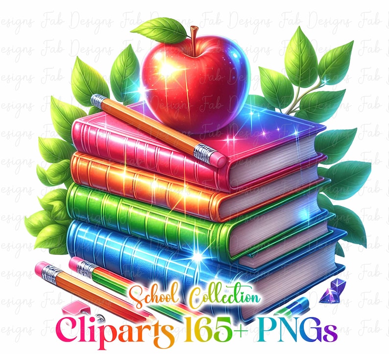 May include: A vibrant illustration featuring a stack of books in pink, orange, green, and blue, with pencils, an apple, and green leaves. The image includes the text "School Collection Cliparts 165+ PNGs."