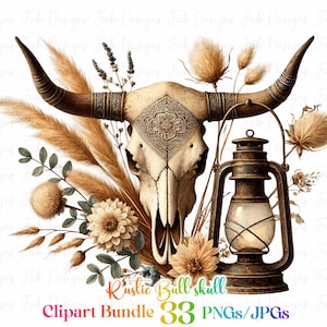 May include: A digital illustration of a rustic bull skull with intricate details, surrounded by dried grasses and flowers. A vintage lantern with a glass pane is included in the design. The text "Rustic Bull Skull" and "Clipart Bundle 33 PNGs/JPGs" is visible at the bottom of the image.