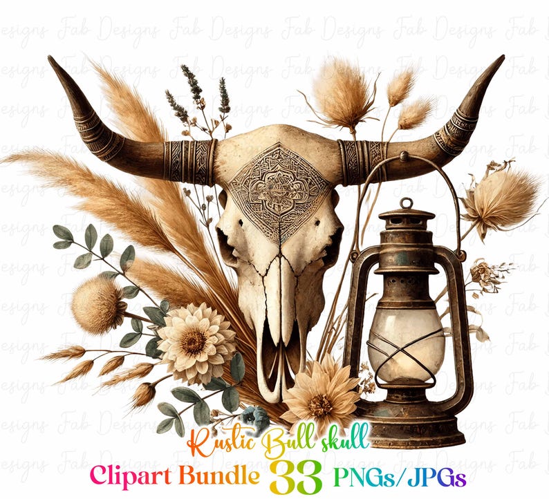May include: A digital illustration of a rustic bull skull with intricate details, surrounded by dried grasses and flowers. A vintage lantern with a glass pane is included in the design. The text "Rustic Bull Skull" and "Clipart Bundle 33 PNGs/JPGs" is visible at the bottom of the image.