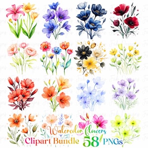 May include: A digital clipart bundle of 58 watercolor flower illustrations. The flowers are in various colors, including red, blue, yellow, pink, orange, and purple. The flowers are arranged in bouquets and single stems.
