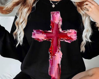 Oil Brushstroke Cross PNG, Messy Paint, Christian Design, Faux Glitter, Hand Painted Style, Jesus, Faith, Valentine Jesus, Bible jesus png